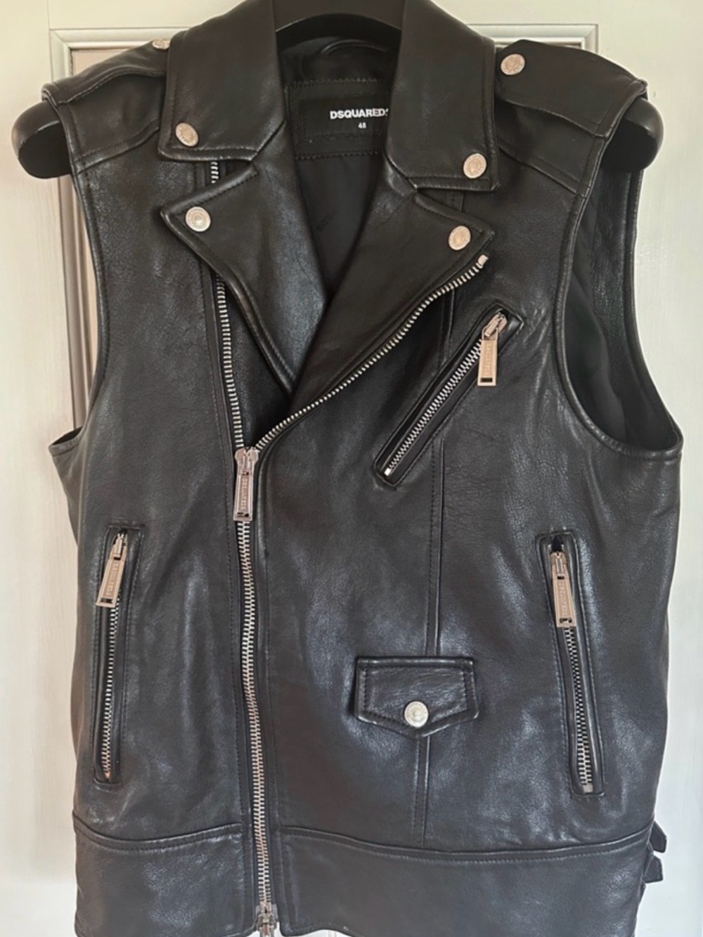 DSQUARED2 Black Leather Moto Vest - silvertone hardware & satin lining